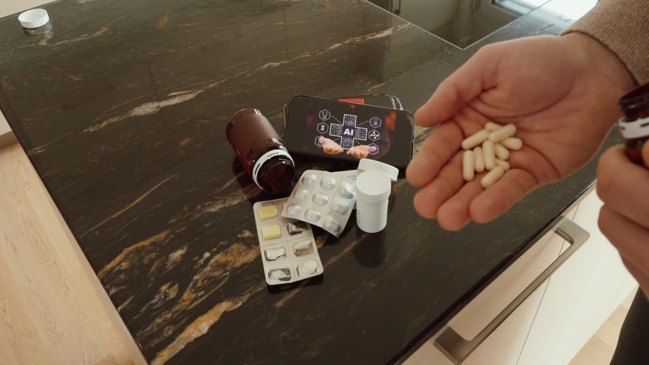 Una persona tiene in mano dei farmaci mentre consulta un'interfaccia IA su uno smartphone. Concetto di intelligenza artificiale come consulente medico, guida digitale per la salute, autogestione del paziente