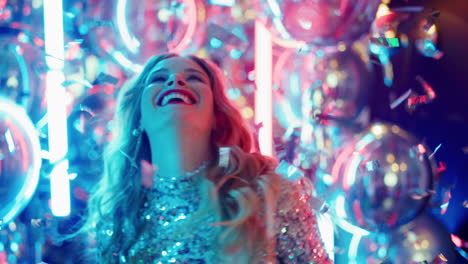 young woman partying on neon background. girl throwing up confetti in club