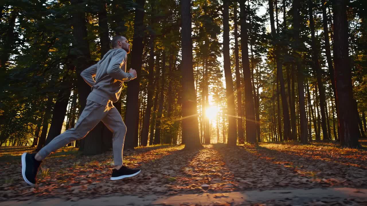 A side-angle video captures a person jogging through a sunlit forest, highlighting the serene