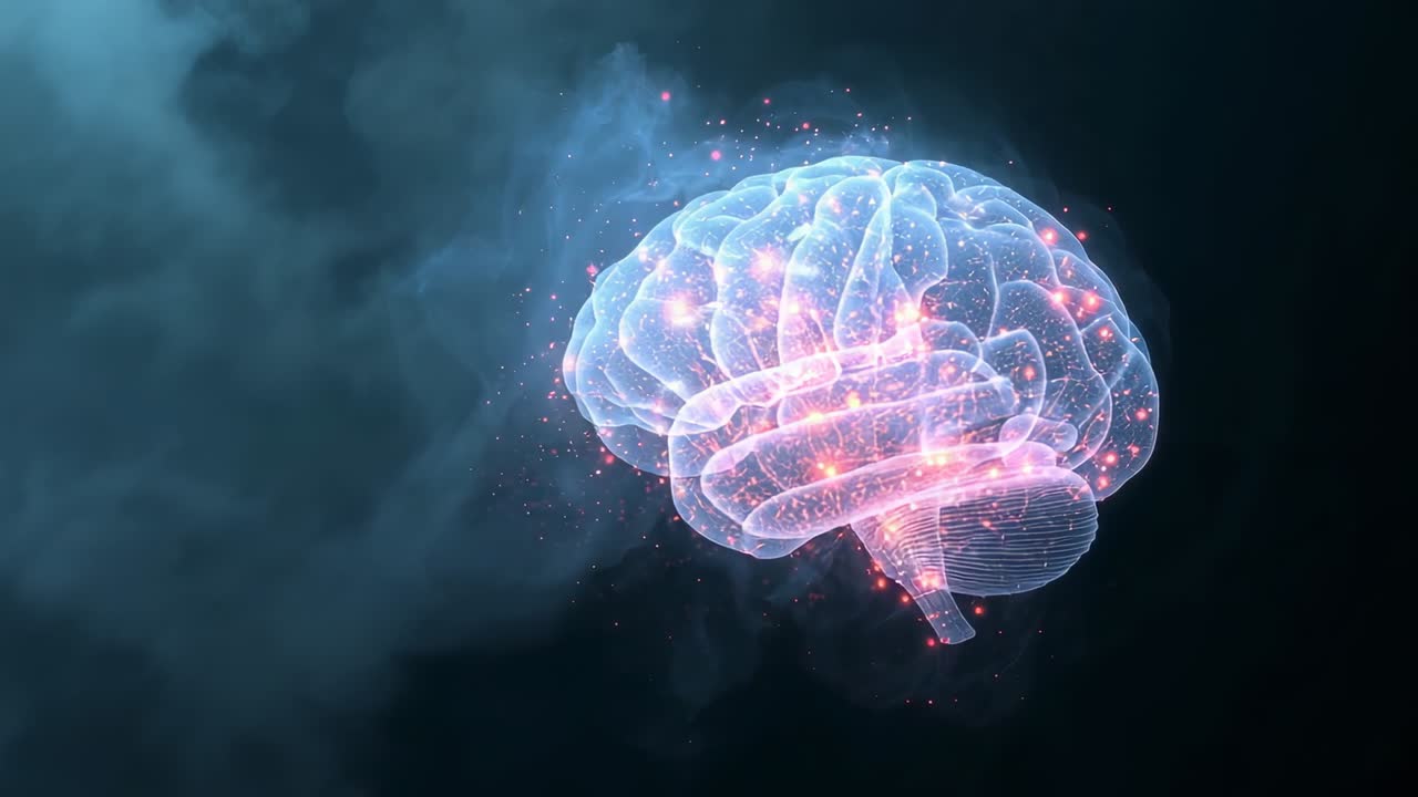 Holographic brain emerging, rotating in digital void, pulsing neural nodes and drifting particles