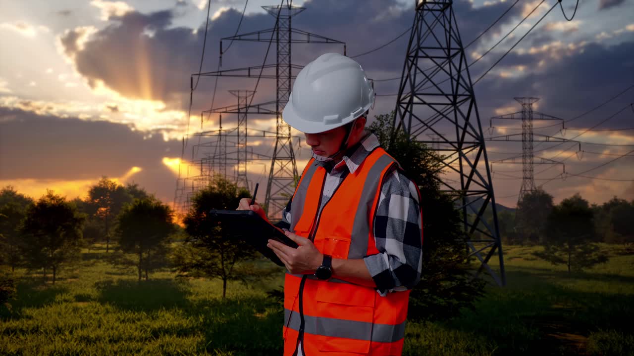 Engineer Inspecting Power Lines and Transmission Towers at Sunset with Tablet