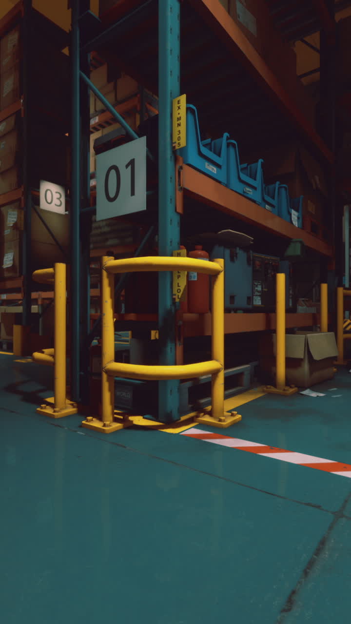 Warehouse interior showcasing organized storage and safety features