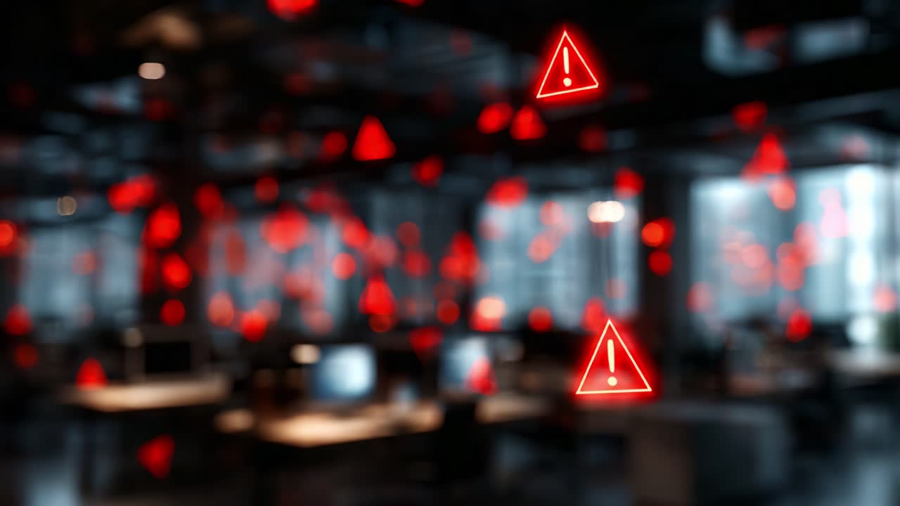 A digital visualization showcasing multiple warning signs highlighting potential hazards within a modern office environment, emphasizing safety and alertness in workplace design and operations