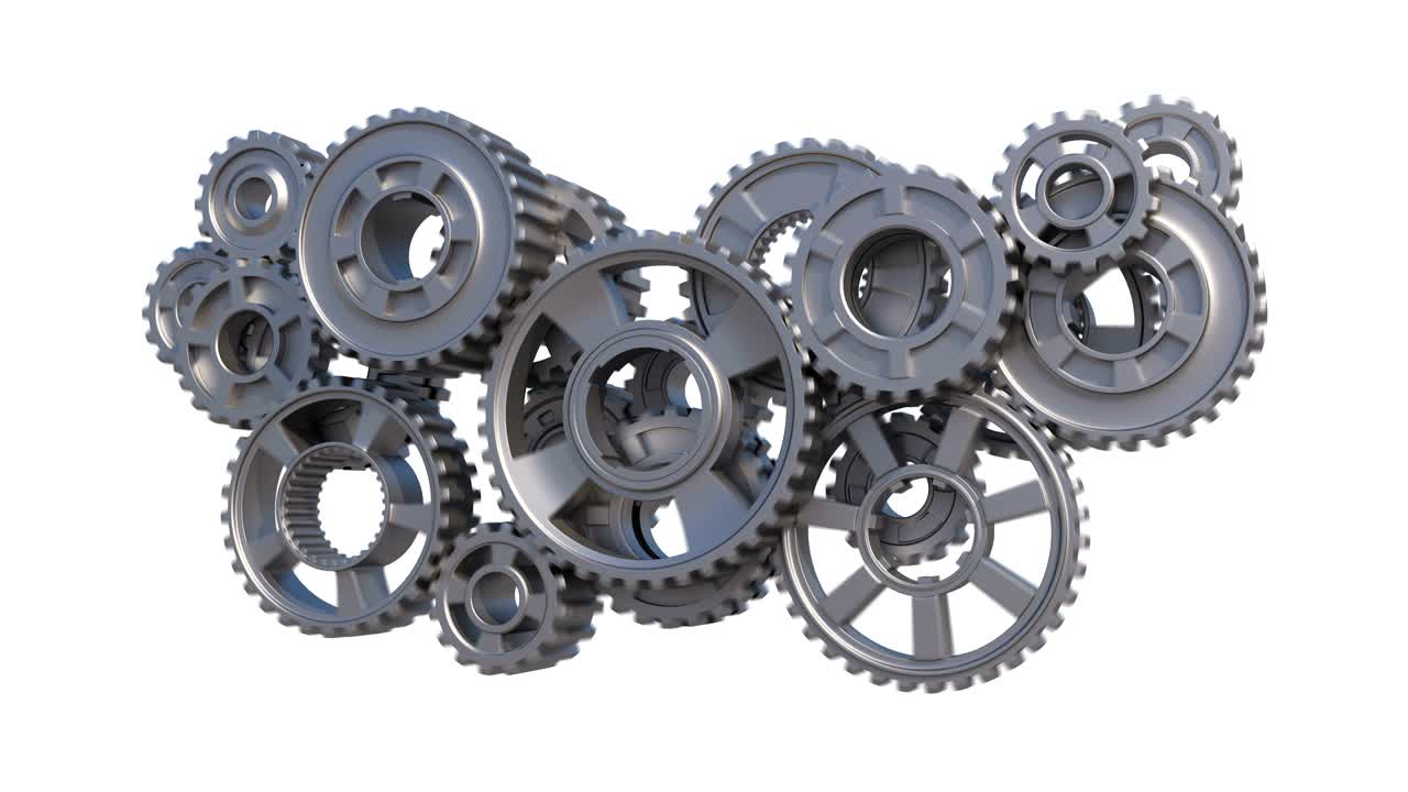 engranajes metálicos girando en mecanismo abstracto con velocidad de aceleración y desaceleración sin costuras. animación en bucle 3d pantalla verde. trabajo en equipo concepto de negocio y tecnología.