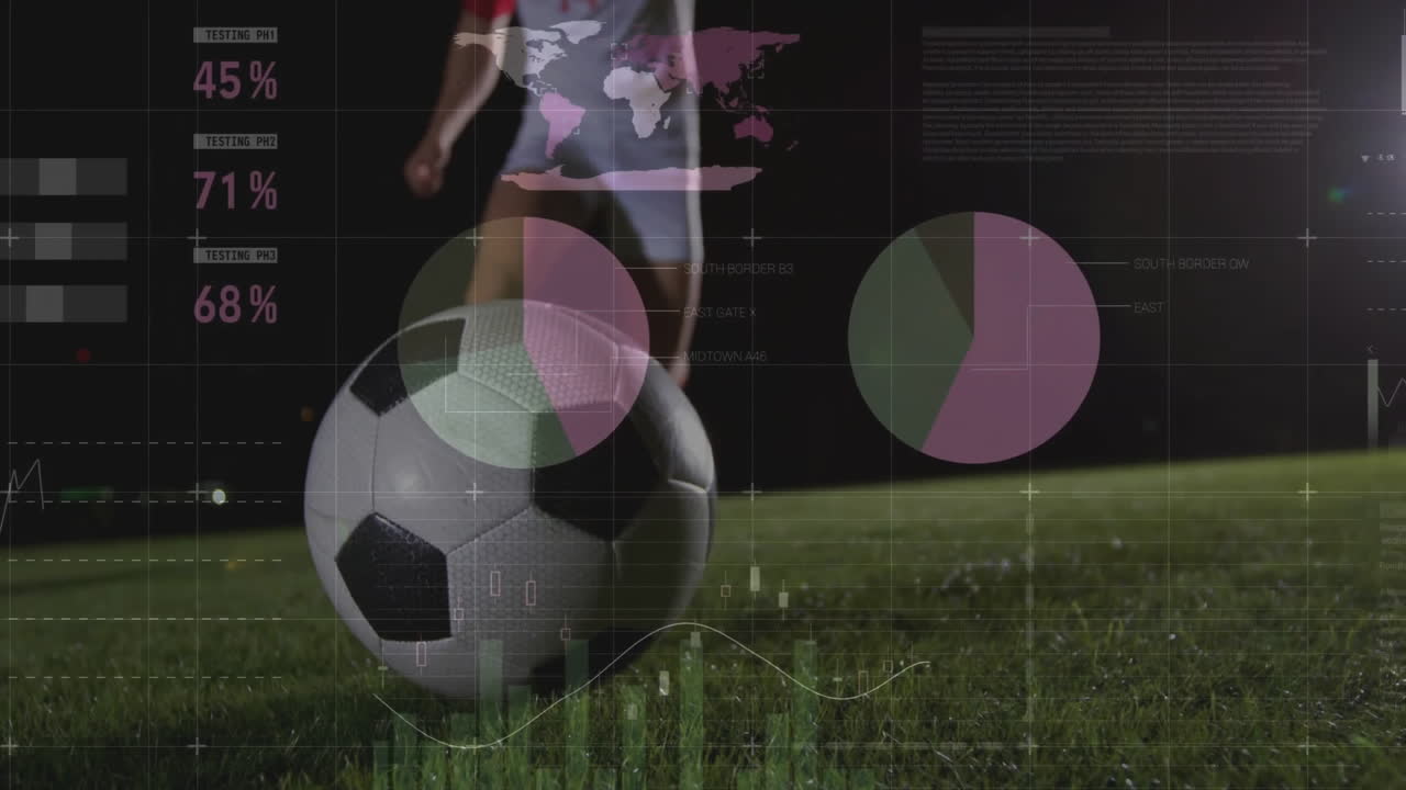 animación del procesamiento de datos financieros sobre un jugador de fútbol caucásico