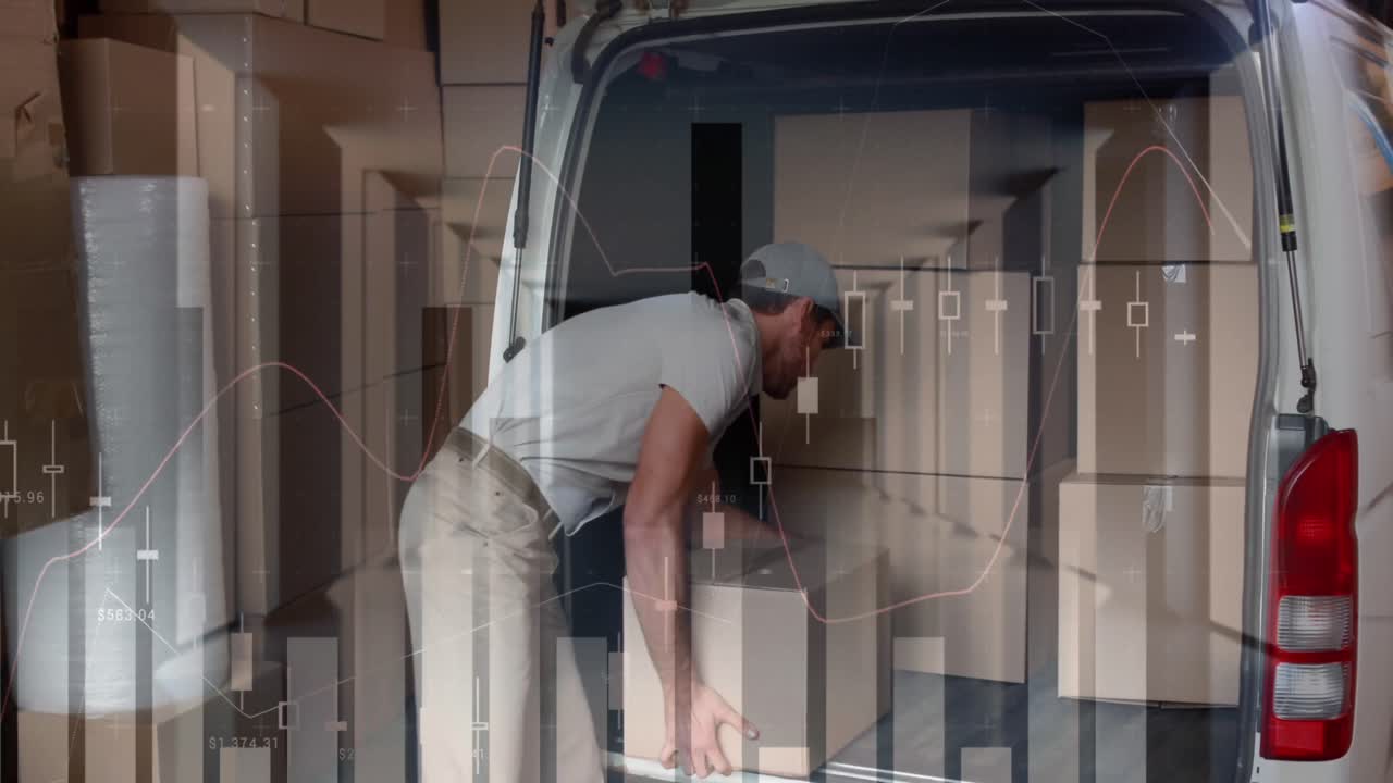 procesamiento de datos estadísticos contra hombre caucásico repartidor apilando cajas en su furgoneta de reparto