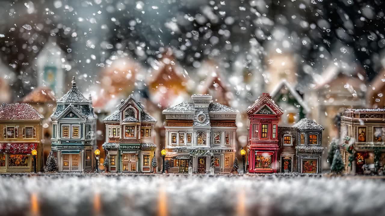 Charming Winter Village Display Captured in Two Frames, Showcasing Snow-Covered Miniature Houses and Warm Glowing Streetlights Amidst a Magical Holiday Atmosphere