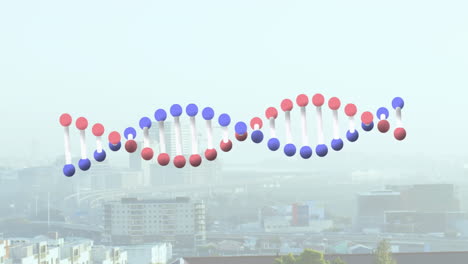 도시 풍경 위에서 회전하는 dna 가닥의 애니메이션