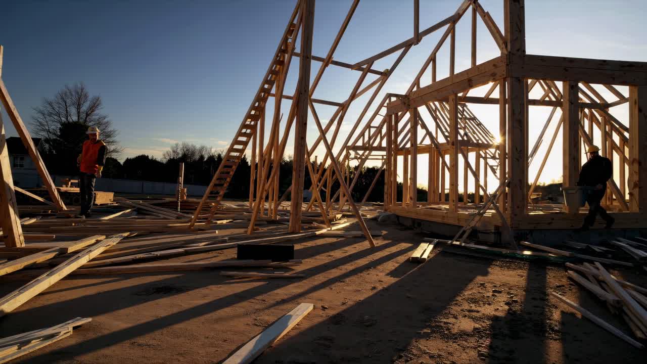 Low-angle video shot of a house under construction at sunset, highlighting wooden frames and long
