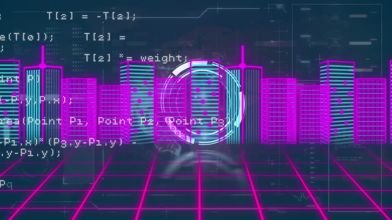 Animation of data processing and scope scanning over cityscape and grid