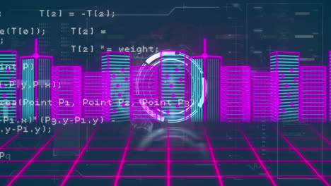 Animation of data processing and scope scanning over cityscape and grid