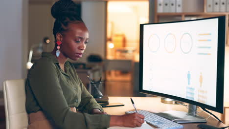 Thinking,-computer-graphs-and-black-woman-writing