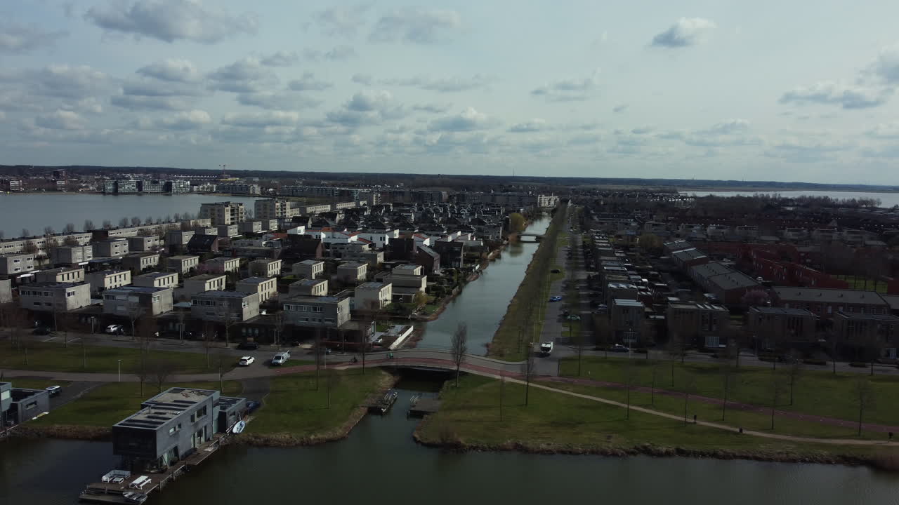 Aerial View of a Dutch Town with Canals and Residential Buildings