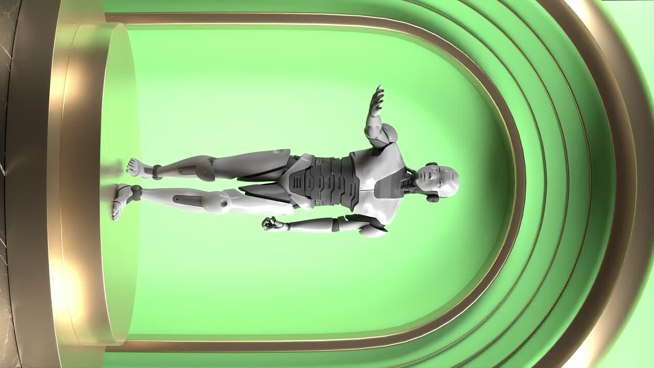 un robot en el podio de exhibición de productos con fondo verde, vertical