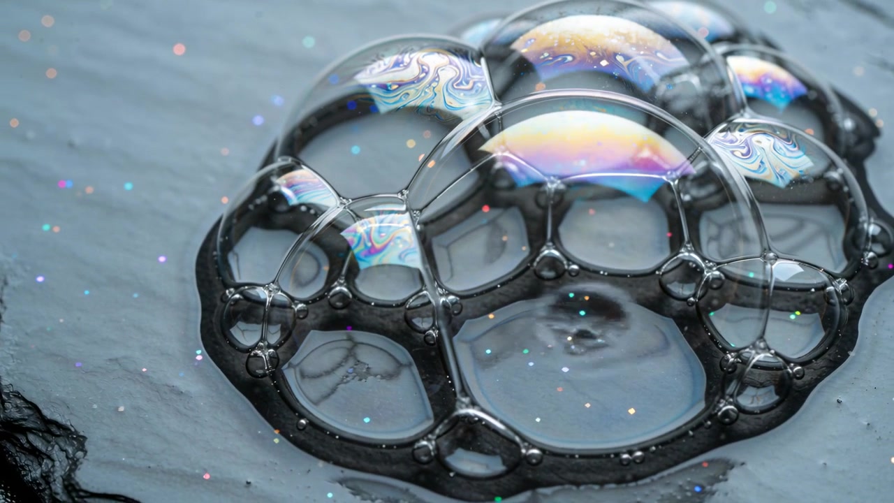 Shining soap bubble cluster reshaping on wet stone with ripples shifting flecks, left mass