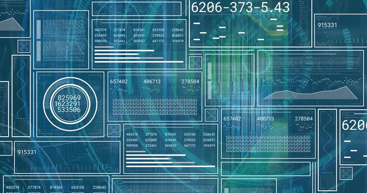 Composition of binary coding medical icons and data processing on screen on black background