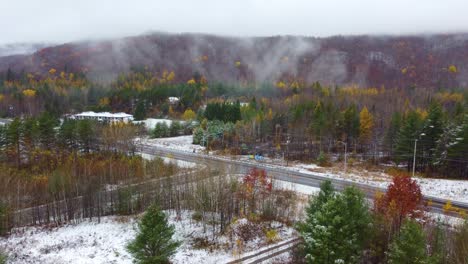 aerial view of the first snowfall on the roads near mount washington, new hampshire