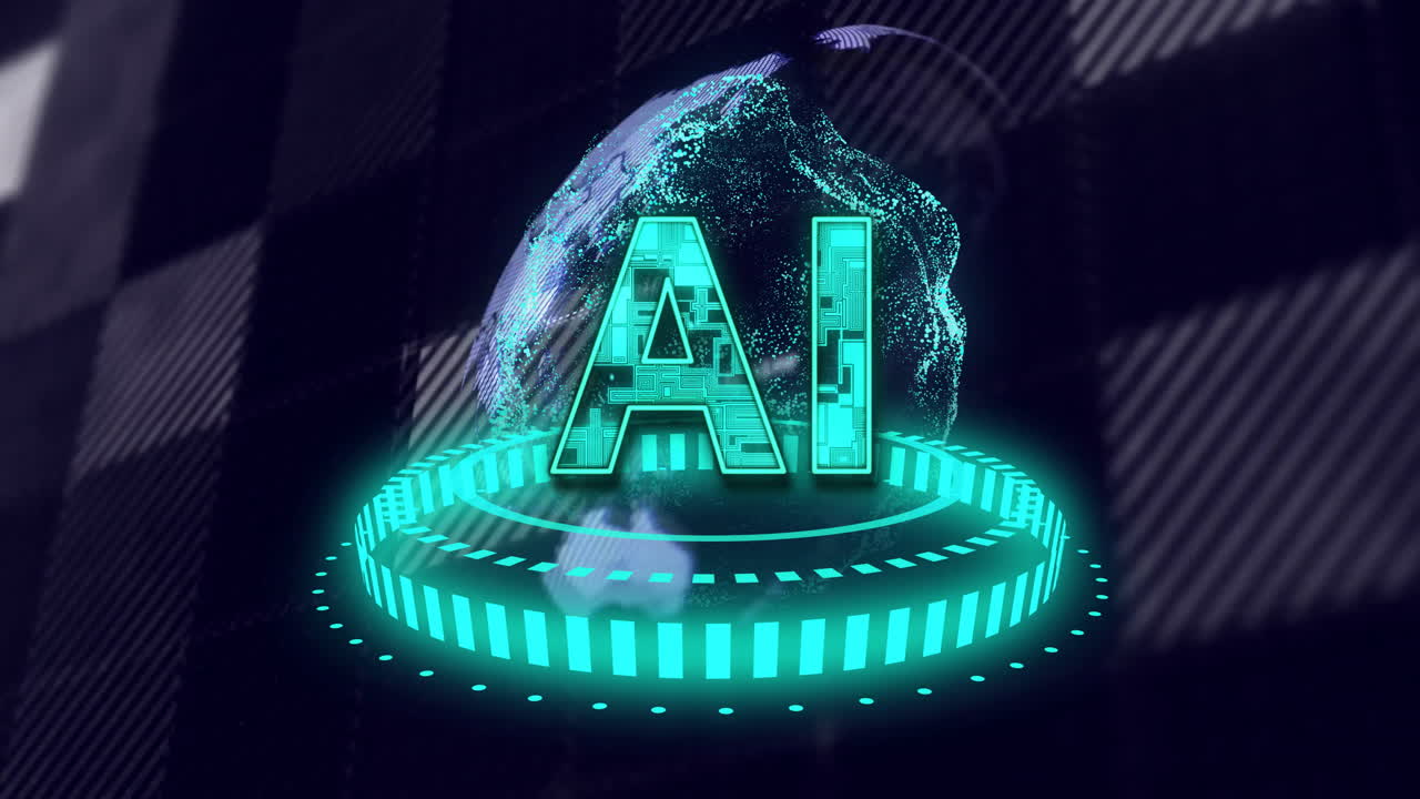 Animation of digital globe with futuristic AI text and circuit patterns