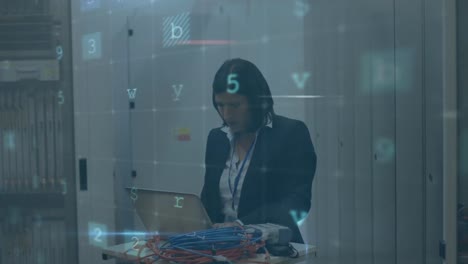 Woman-working-on-computer-server-while-warning-messages-appear-in-foreground