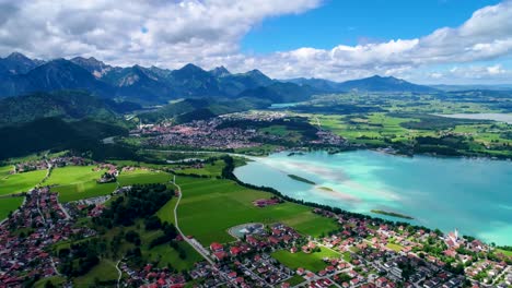 Panorama-from-the-air-Forggensee-and-Schwangau,-Germany,-Bavaria