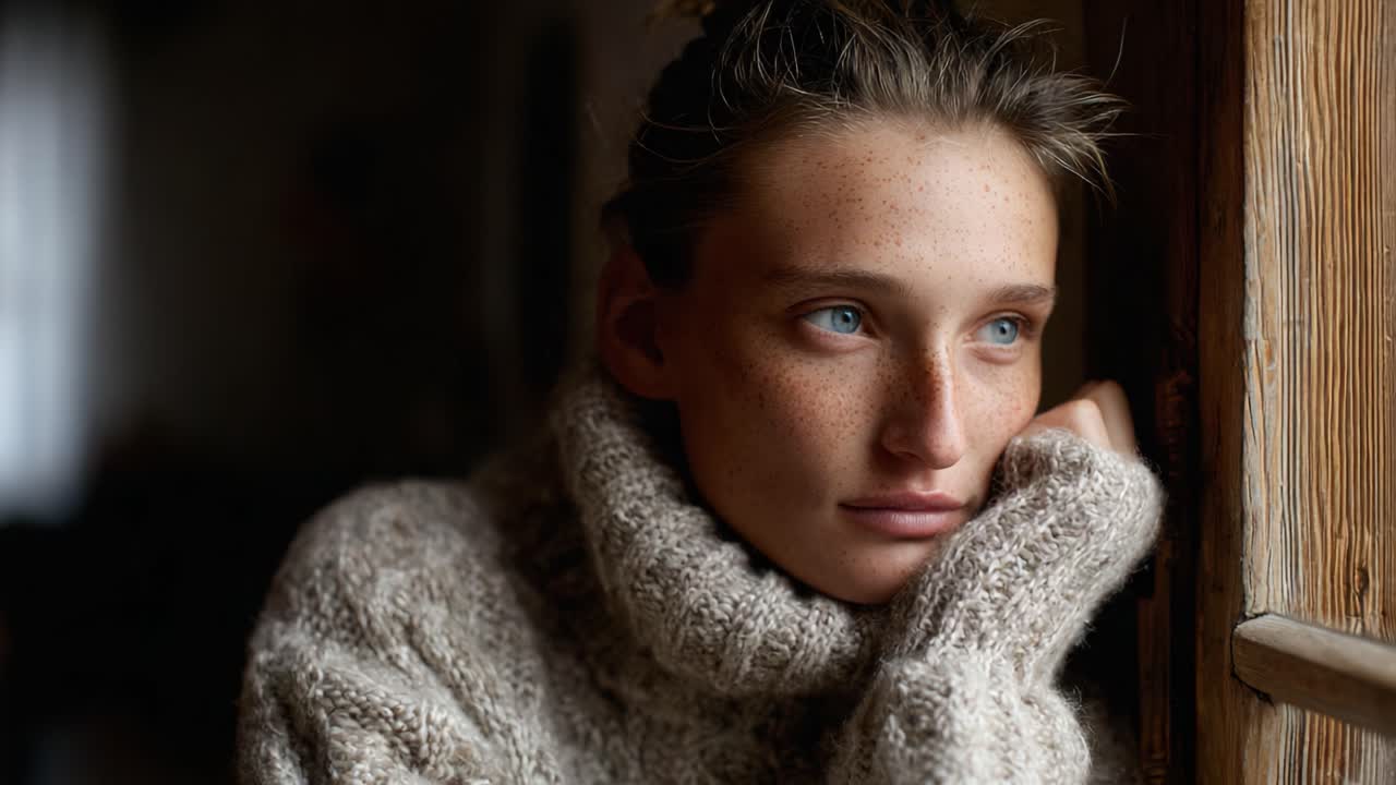 A Thoughtful Woman in Cozy Sweater Ponders by a Window, Capturing a Moment of Reflection and Serenity in a Soft Light Environment