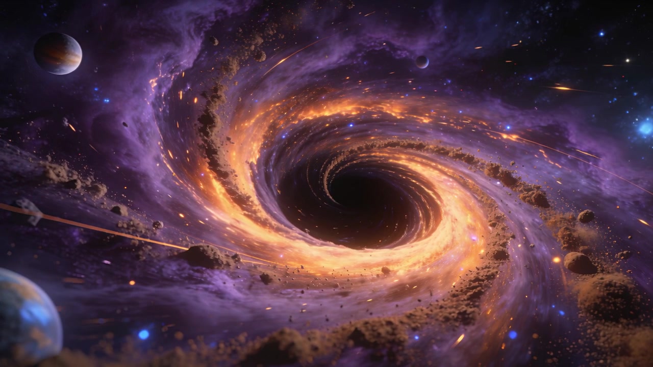 Spiraling central vortex pulling planets and debris inward via gravity in space, with glowing arms