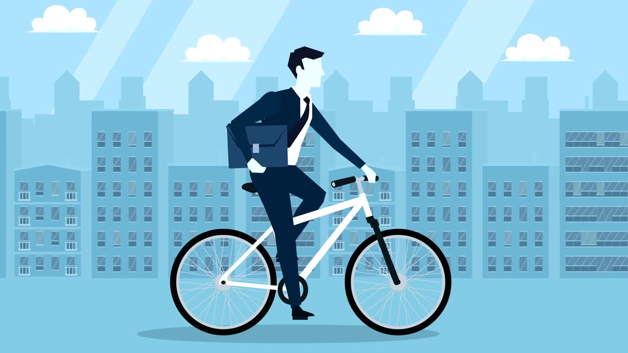 파란 스타일 사업가 자전거 타는 평평한 만화 캐릭터 애니메이션