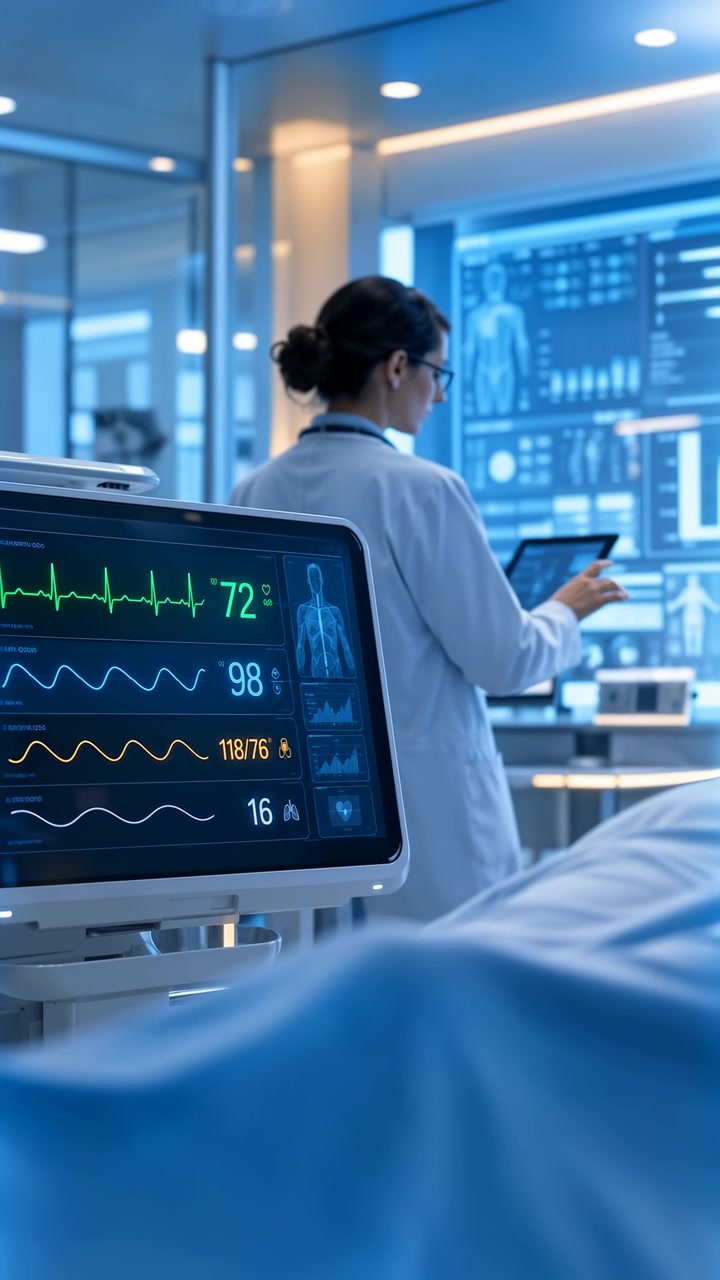 Monitor da comodino in primo piano mostra ECG verde, frequenza cardiaca 72, saturazione di ossigeno 98, pressione sanguigna 118/76, frequenza respiratoria 16, mentre il medico esamina il tablet accanto al letto del paziente in un tranquillo ospedale moderno