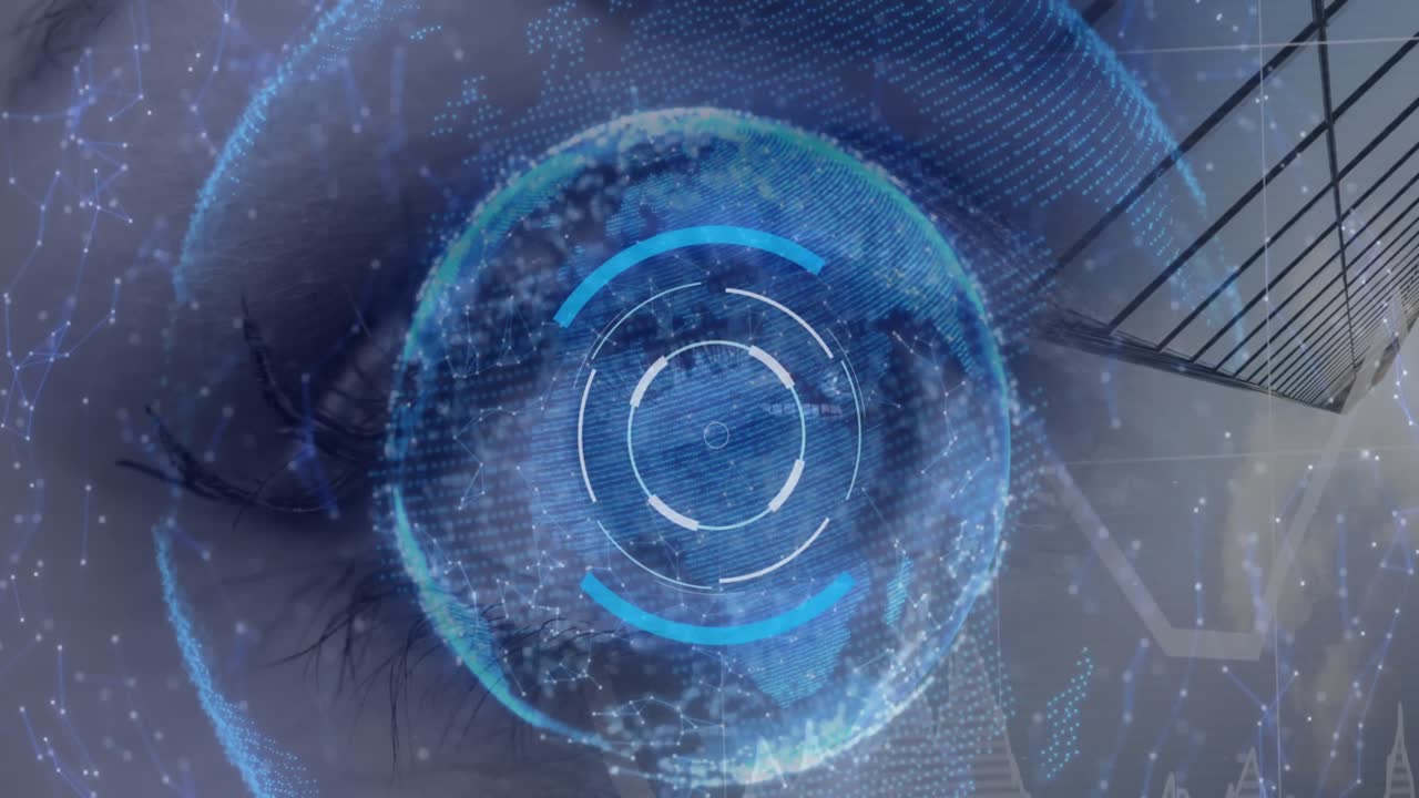 animación de escaneo de alcance, globo y redes de conexiones sobre el ojo de la mujer caucásica