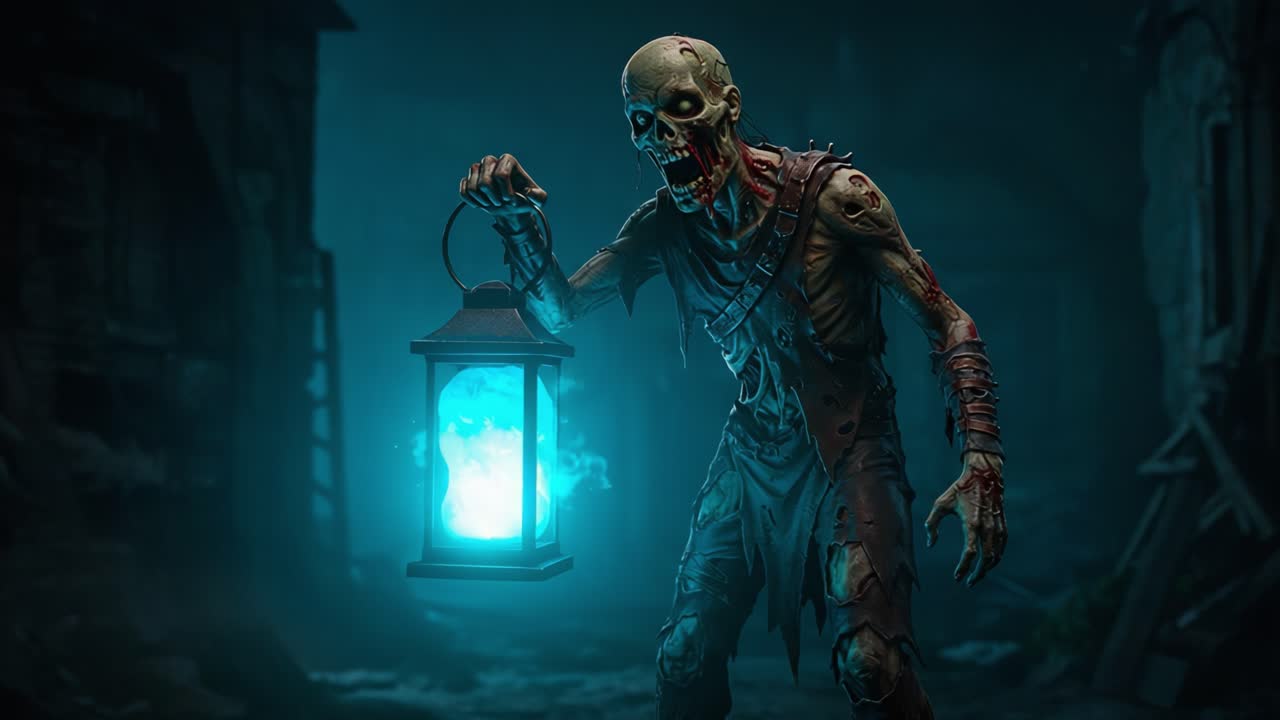 A Terrifying Zombie Emerges from the Shadows, Holding a Glowing Lantern that Illuminates the Darkness Around Him, Creating an Eerie Atmosphere of Horror and Suspense