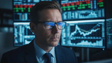 a focused analyst analyzing financial data and charts in a modern trading environment with market trends and stock prices displayed on multiple screens