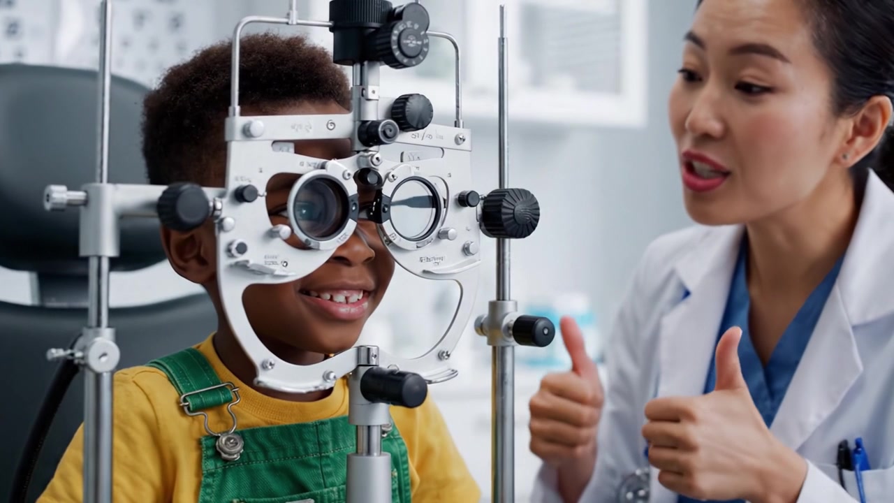 A joyful interaction between a child and an eye care professional during a vision test, highlighting the importance of eye health and regular check-ups for kids.