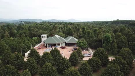 under construction house surrounded by trees, forward shot, aerial shot