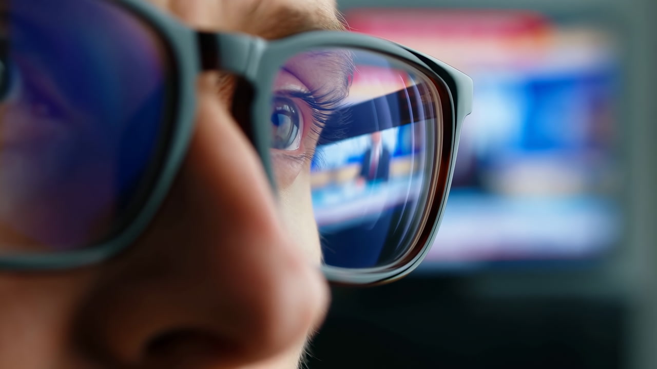 Closeup Person Wearing Glasses, Screen Reflection Showing Intense Gaze Of Analyst Studying Live Dashboards