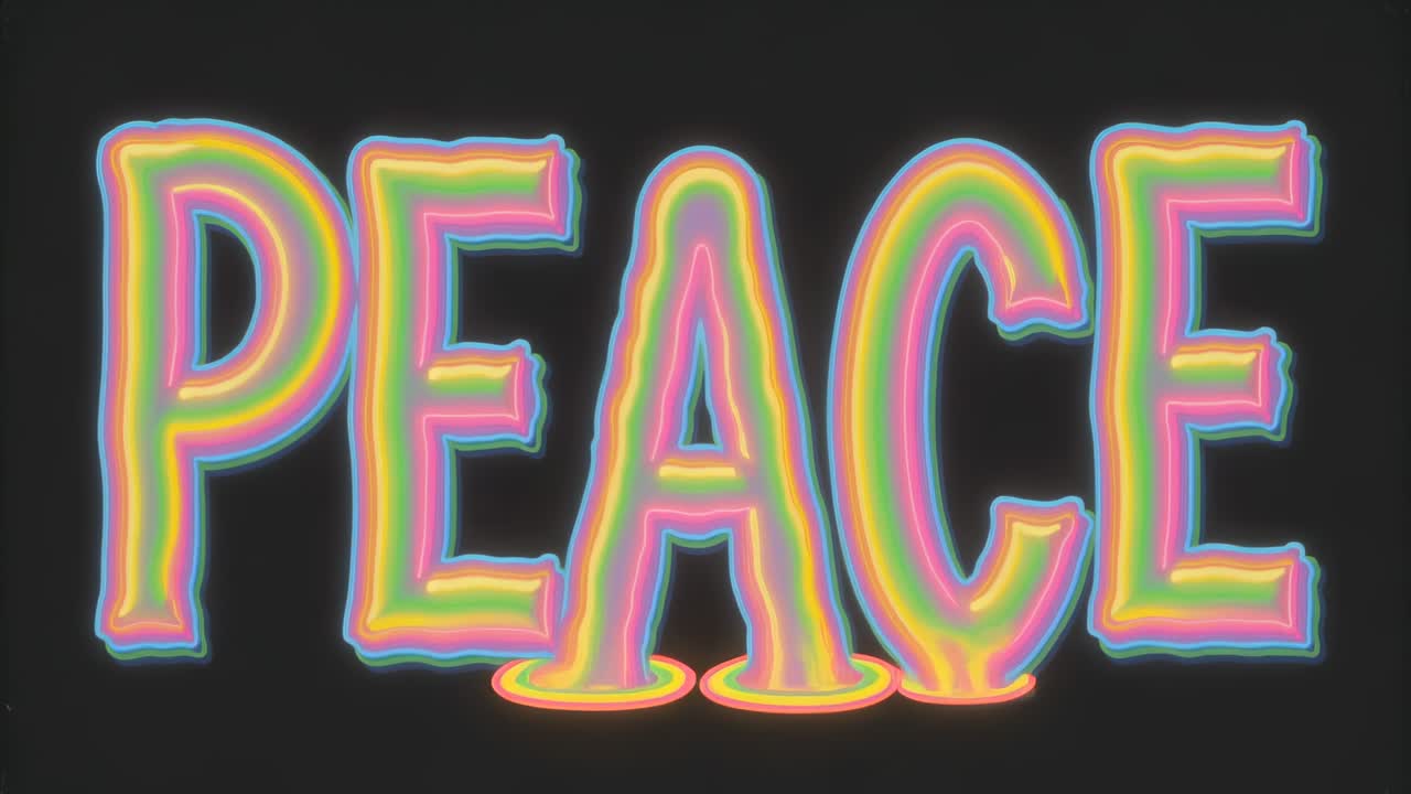Displaying bold rainbow PEACE letters in dark studio, warm neon pool sparking silhouettes embracing