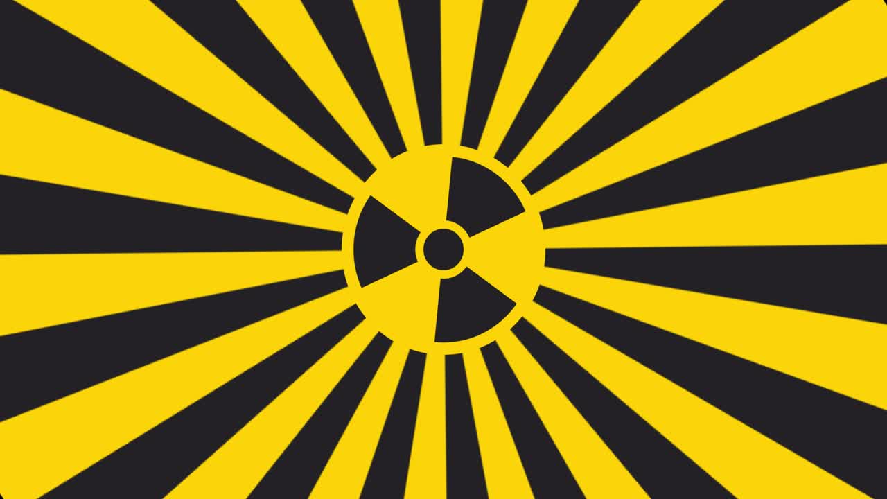 Segnale di radiazione ionizzante pericolosa in stile pop art, Segnale di radiazione ionizzante con raggi gialli e neri, Sfondo di avviso con simbolo di pericolo