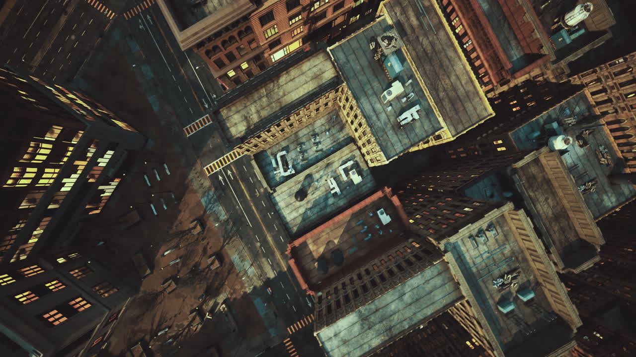 Urban landscape captured from above showcasing bustling city life at dusk