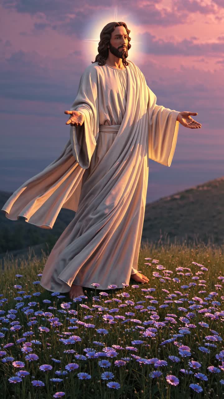 A serene video still of a figure in flowing robes, arms open, standing in a field of flowers