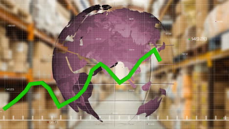 animation of financial data processing over globe and warehouse