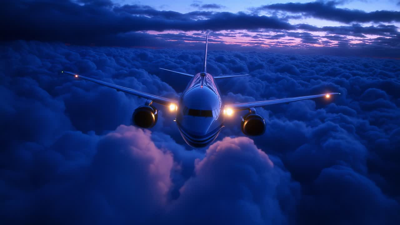 A stunning aerial view of a commercial airliner gracefully soaring through a vibrant twilight sky, surrounded by soft, billowing clouds, evoking the magic of flight and the beauty of the evening atmosphere