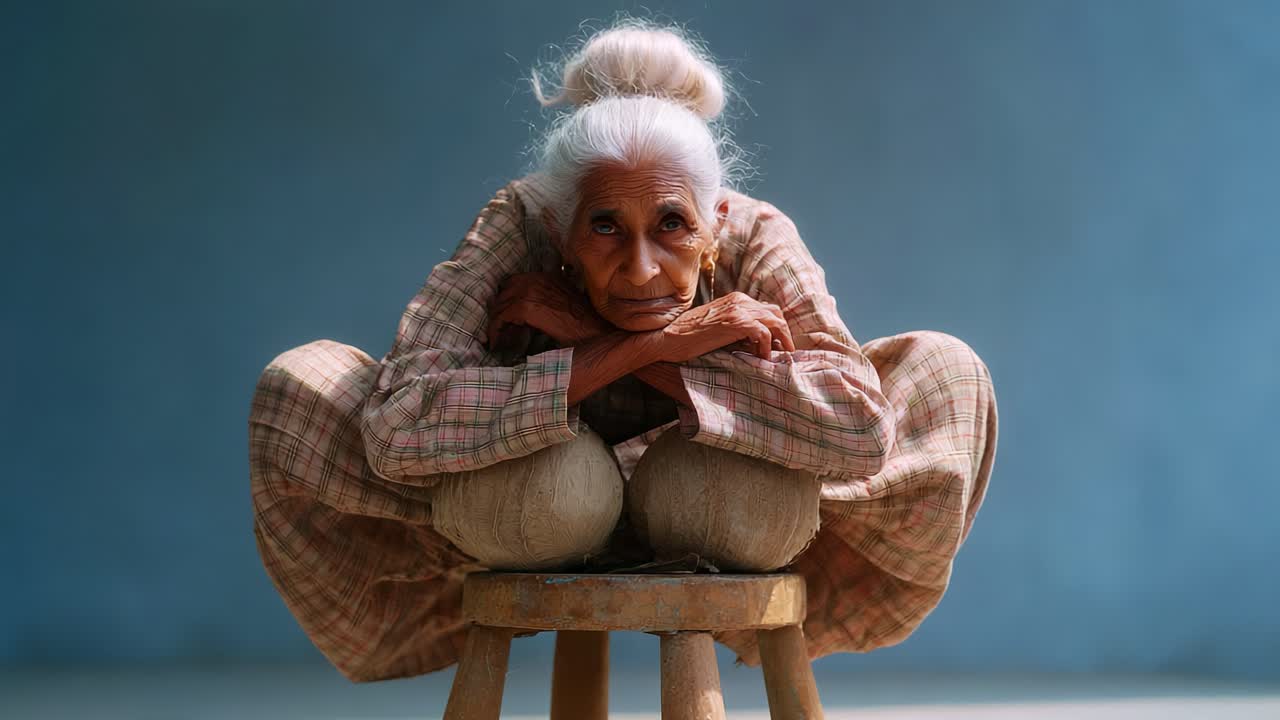 Invecchiare con grazia: un’anziana signora dà prova di notevole flessibilità ed equilibrio seduta a gambe incrociate su uno sgabello, mettendo in mostra la bellezza e la saggezza della maturità.