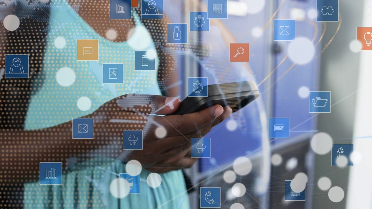 Teen female tapping smartphone by lockers, activating tech icons and network nodes, exploring app