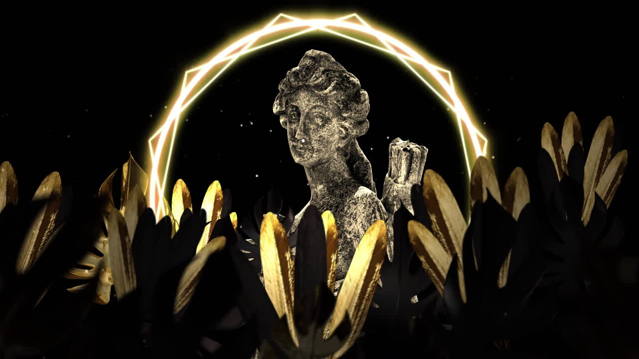 animación de la escultura gris de la mujer sobre formas y hojas