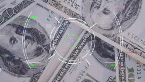 animation of financial data processing with scope over american dollar bills