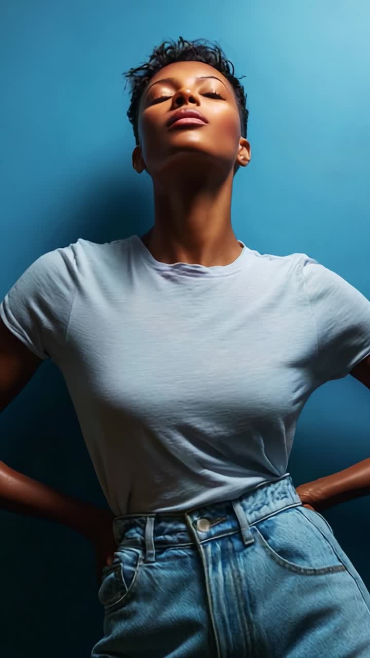 Confident and Poised: A Portrait of a Stylish Model with a Contemporary Hairstyle Against a Vibrant Blue Background Capturing Elegance and Attitude