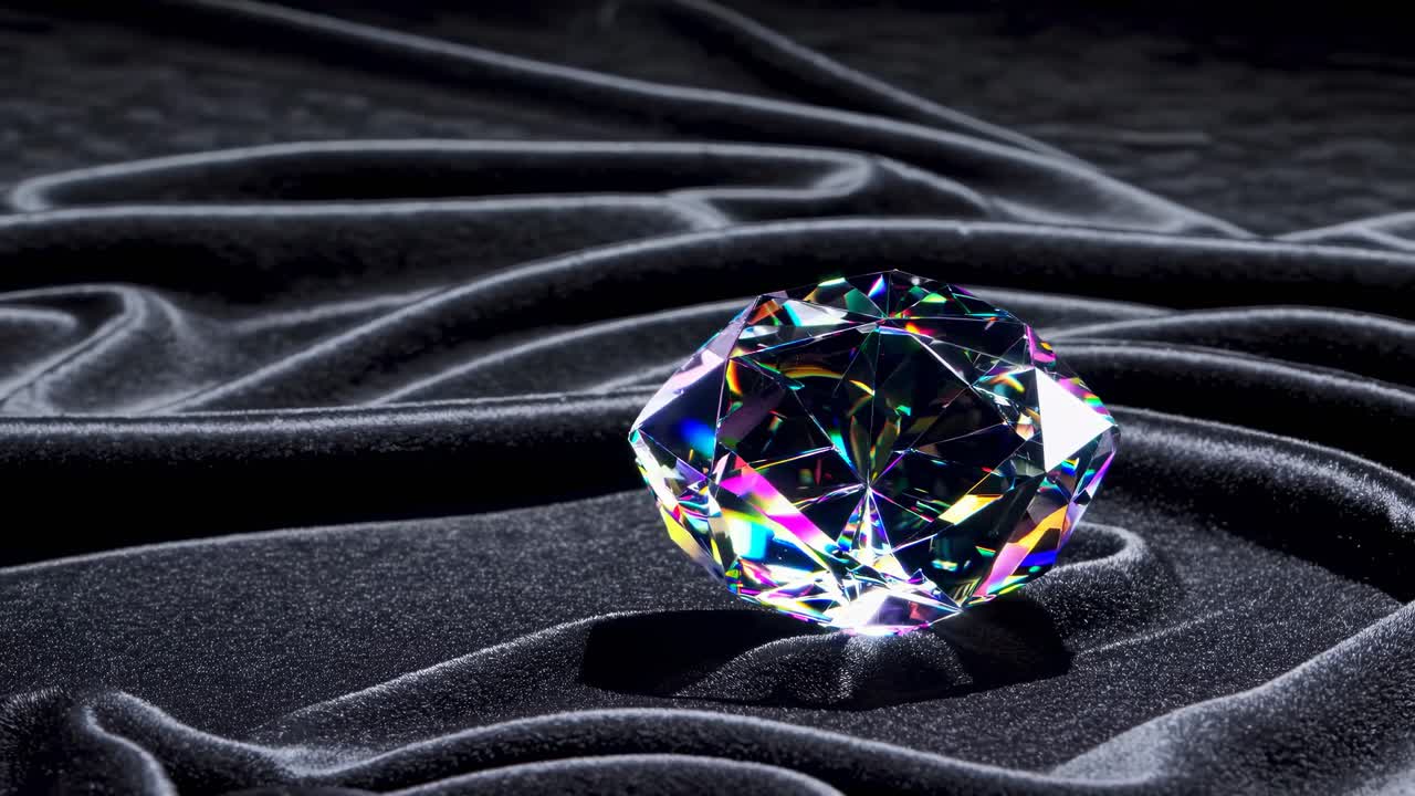 Una ripresa video ravvicinata di un diamante scintillante su lussuoso tessuto di seta nera, che esibisce eleganza.