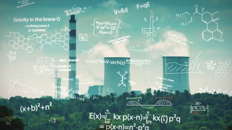 Chemical,-biological-formulas,-sketches-and-graphs-in-front-of-an-old-coal-power-plant-works-with-strong-CO2-emissions