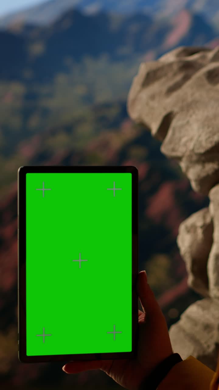 Mano che tiene un tablet verticale con schermo verde in un paesaggio montano