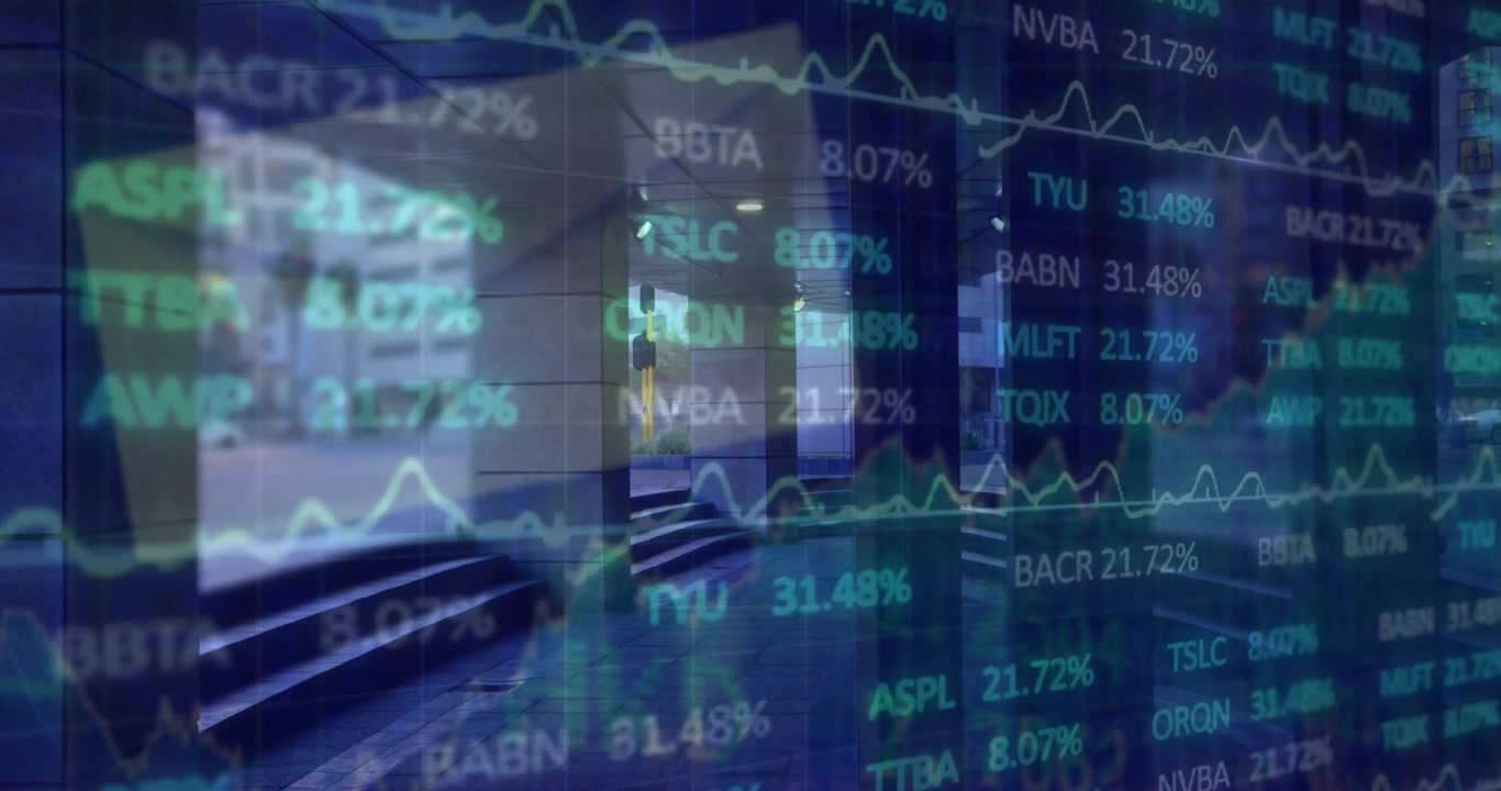 Animation of statistics and financial data processing over cityscape