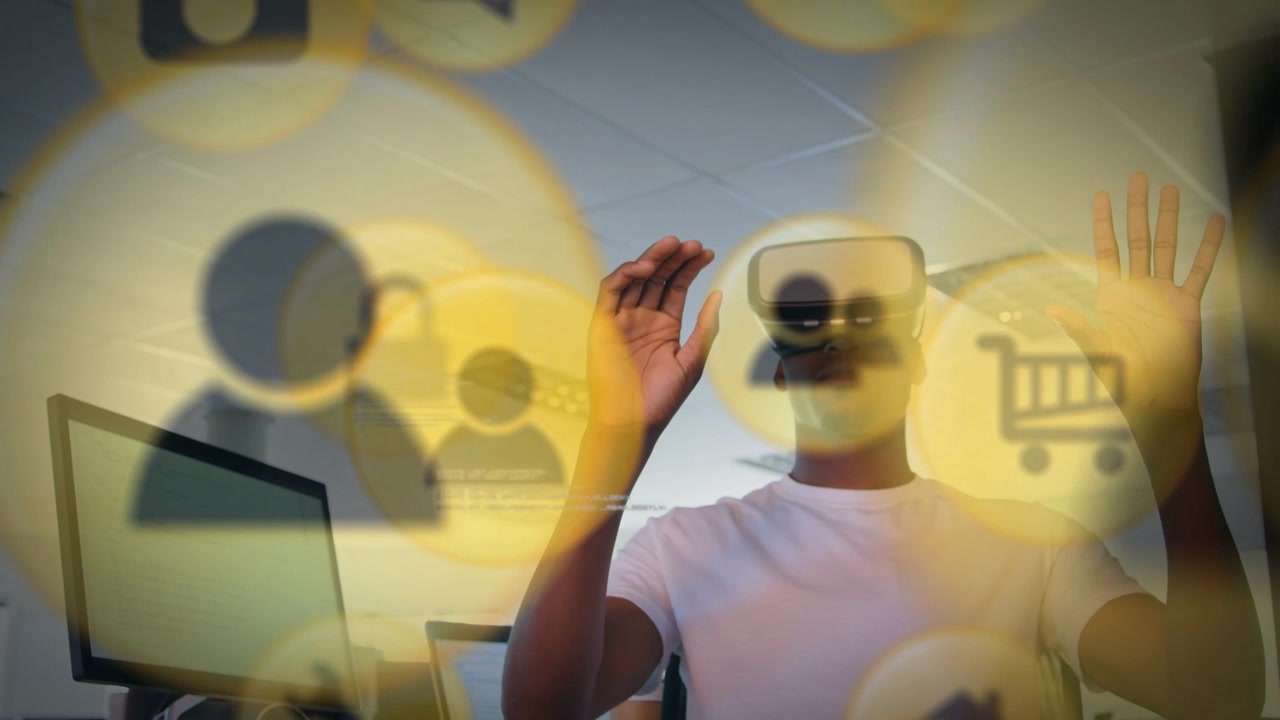 Man donning VR headset making open pinching gestures while UI icons responding for office tech demo
